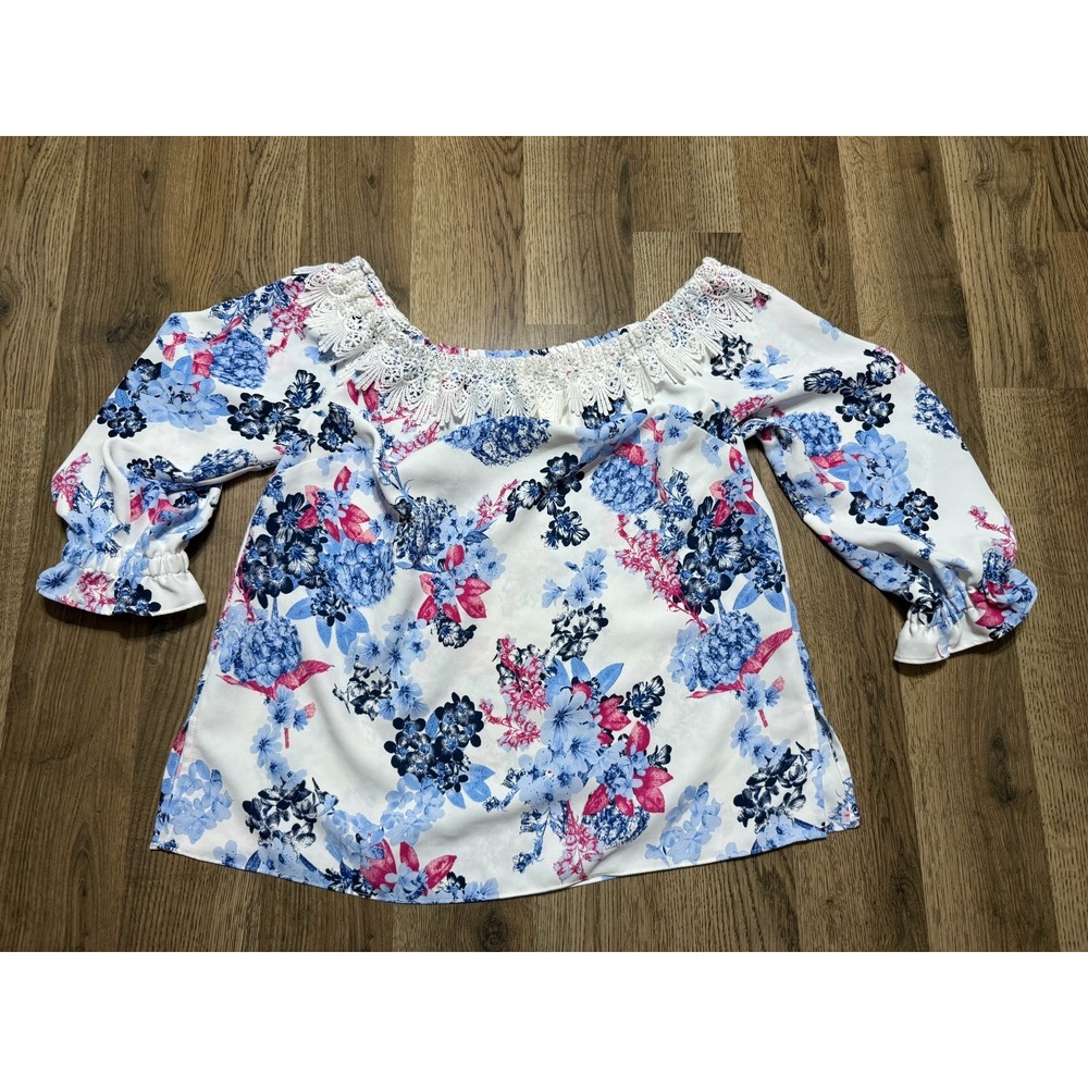 Elle Blouse, Women's Size XS, White Blue Pink, Floral, Off the Shoulder